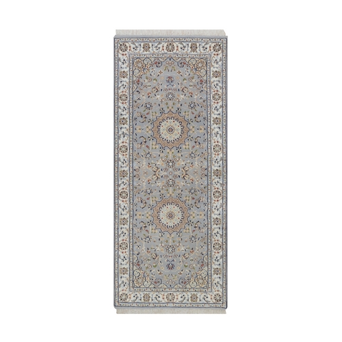 Light Blue, Nain with Flower Medallions Design, Wool and Silk, Hand Knotted, Soft Pile, 250 KPSI, Runner, Oriental 