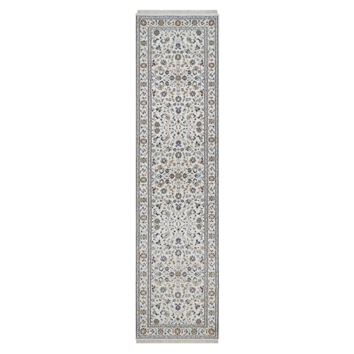 Pearl White, Nain with All Over Flower Design, Hand Knotted, Wool and Silk, 250 KPSI, Soft Pile, Runner, Oriental Rug