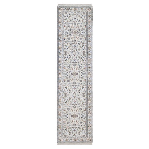 Pearl White, Wool and Silk, Nain with All Over Flower Design, 250 KPSI, Hand Knotted, Soft Pile, Runner, Oriental 