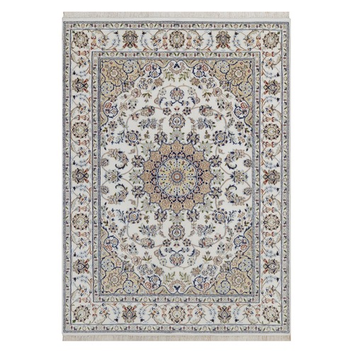Pearl White, Nain with Flower Medallion Design, Hand Knotted, Wool and Silk, 250 KPSI, Soft Pile, Oriental 