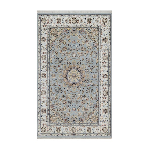 Light Blue, Nain with Flower Medallion Design, Hand Knotted, Wool and Silk, Soft Pile, 250 KPSI, Oriental Rug