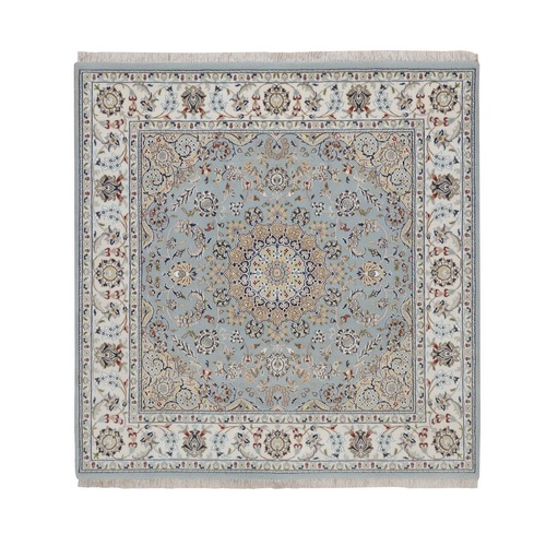 Light Blue, Nain with Flower Medallion Design, Hand Knotted, Wool and Silk, Soft Pile, 250 KPSI, Square, Oriental 