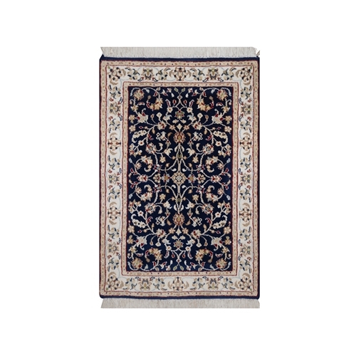 Midnight Blue, Nain with All Over Floral Pattern,  Soft Pile, Wool and Silk, 250 KPSI, Hand Knotted, Sample, Mat, Oriental 