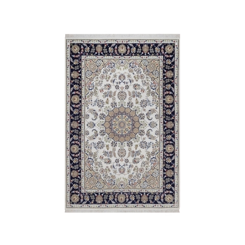 Pearl White, 250 KPSI, Nain with Flower Medallion Design, Hand Knotted, Soft Pile, Wool and Silk, Sample, Mat, Oriental Rug