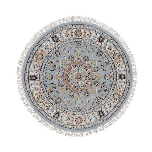 Light Blue, Hand Knotted, Nain with Flower Medallion Design, Wool and Silk, Soft Pile, 250 KPSI, Round, Oriental Rug