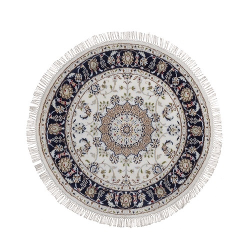Pearl White, Wool and Silk, 250 KPSI, Nain with Flower Medallion Design, Hand Knotted, Soft Pile, Round, Oriental 