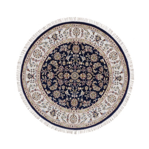 Midnight Blue, Nain with All Over Flower Design, Soft Pile, Hand Knotted, Wool and Silk, 250 KPSI, Round, Oriental 
