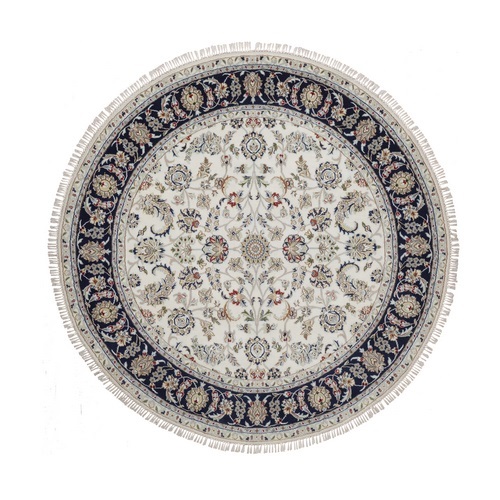 Pearl White, Nain with All Over Flower Design, Hand Knotted, 250 KPSI, Soft Pile, Wool and Silk, Round, Oriental Rug