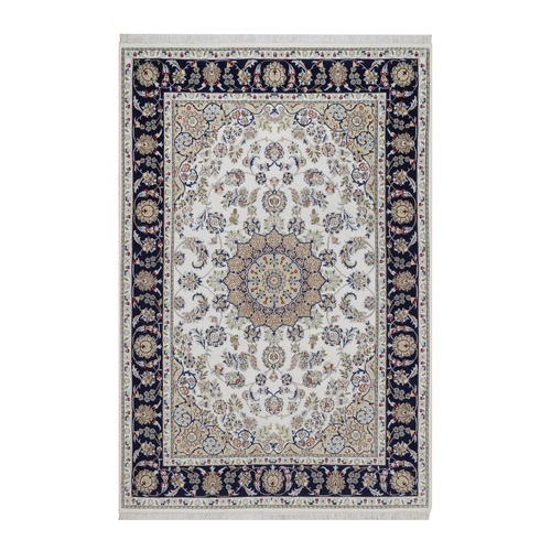 Pearl White, Nain with Flower Medallion Design, Wool and Silk, 250 KPSI, Hand Knotted, Soft Pile, Oriental 