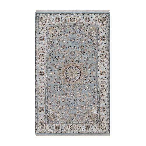 Light Blue, Nain with Flower Medallion Design, Hand Knotted, Wool and Silk, Soft Pile, 250 KPSI, Oriental 