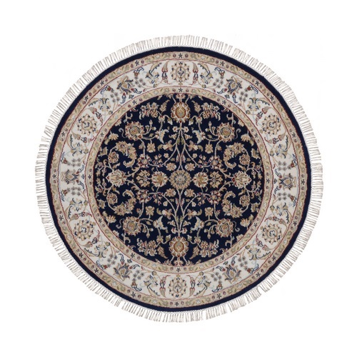 Midnight Blue, Wool and Silk, Nain with All Over Flower Design, Soft Pile, 250 KPSI, Hand Knotted, Round, Oriental 