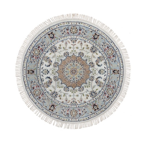Pearl White, Hand Knotted, Nain with Flower Medallion Design, 250 KPSI, Soft Pile, Wool and Silk, Round, Oriental 