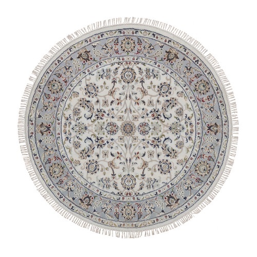 Pearl White, Nain with All Over Flower Design, 250 KPSI, Hand Knotted, Soft Pile, Wool and Silk, Round, Oriental 