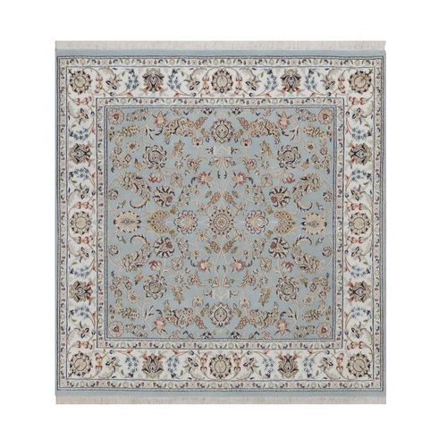 Light Blue, Nain with All Over Flower Design, Soft Pile, Wool and Silk, 250 KPSI, Hand Knotted, Square, Oriental 