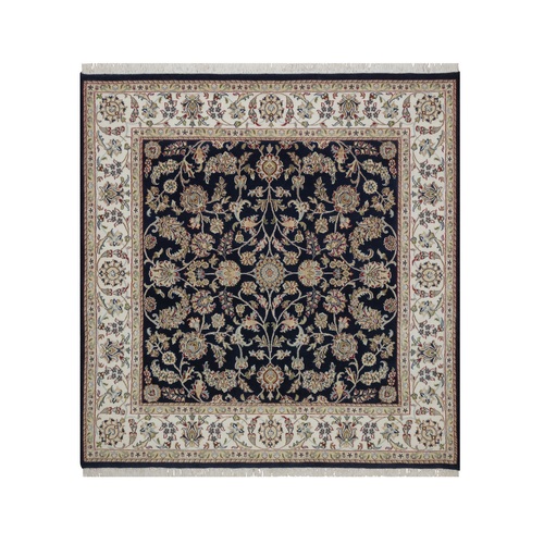Midnight Blue, Hand Knotted, Nain with All Over Flower Design, Soft Pile, Wool and Silk, 250 KPSI, Square, Oriental 