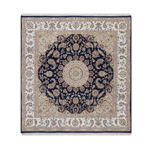 Midnight Blue, Nain with Flower Medallion Design, Hand Knotted, Wool and Silk, Soft Pile, 250 KPSI, Square, Oriental 