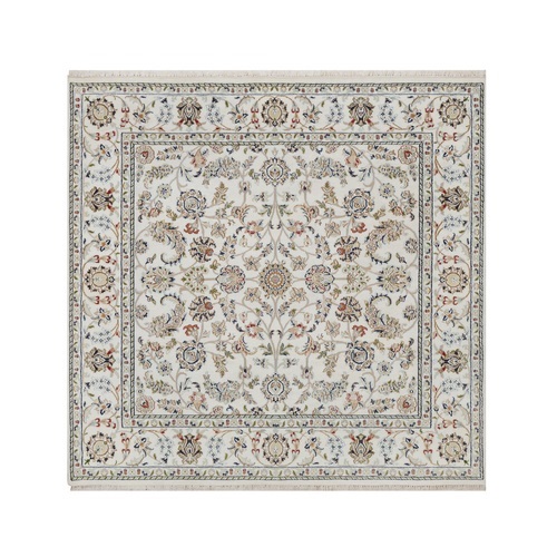 Pearl White, Wool and Silk, Nain with All Over Flower Design, 250 KPSI, Hand Knotted, Soft Pile, Square, Oriental 