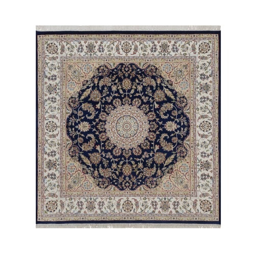 Midnight Blue, Wool and Silk, Nain with Flower Medallion Design, Hand Knotted, Soft Pile, 250 KPSI, Square, Oriental 