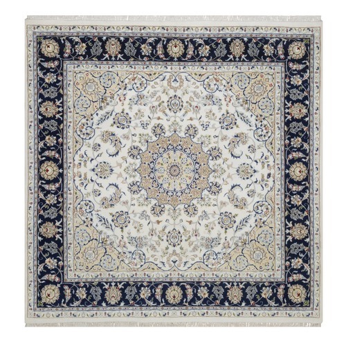 Pearl White, Nain with Flower Medallion Design, Wool and Silk, Hand Knotted, 250 KPSI, Soft Pile, Square, Oriental 