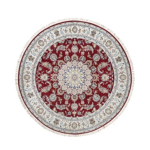 Rhubarb Red, Nain with Flower Medallion Design, Hand Knotted, 250 KPSI, Wool and Silk, Soft Pile, Round, Oriental 