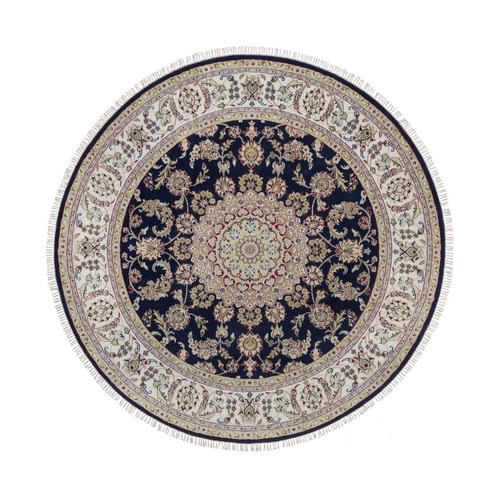 Midnight Blue, Nain with Flower Medallion Design, Hand Knotted, Soft Pile, 250 KPSI, Wool and Silk, Round, Oriental 