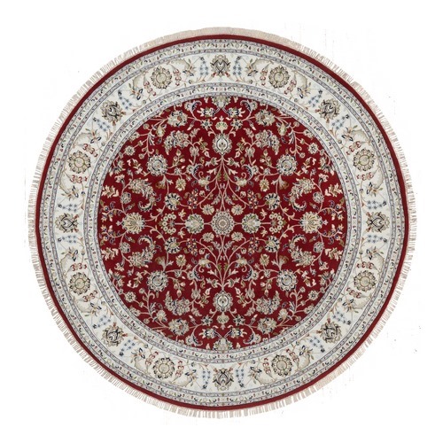 Rhubarb Red, Nain with All Over Flower Design, Soft Pile, Wool and Silk, 250 KPSI, Hand Knotted, Round, Oriental 