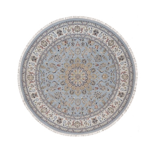 Light Blue, Nain with Flower Medallion Design, Hand Knotted, Wool and Silk, Soft Pile, 250 KPSI, Round, Oriental 