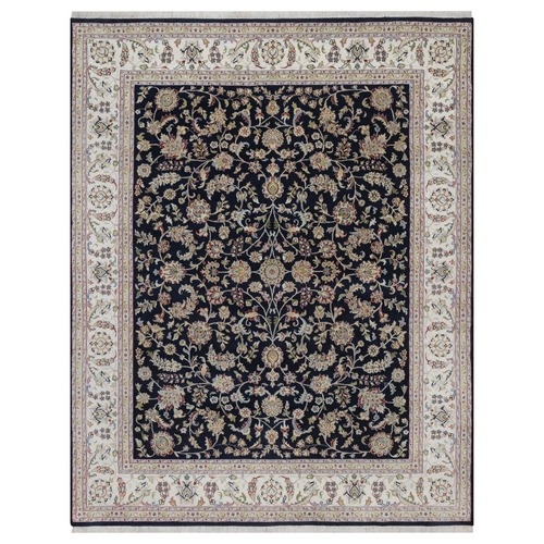 Midnight Blue, Nain with All Over Floral Pattern, Hand Knotted, Wool and Silk, Soft Pile, 250 KPSI, Oriental 
