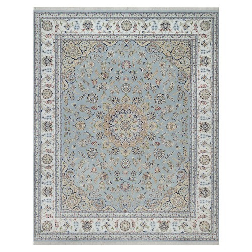 Light Blue, Wool and Silk, Nain with Flower Medallion Design, Hand Knotted, Soft Pile, 250 KPSI, Oriental 