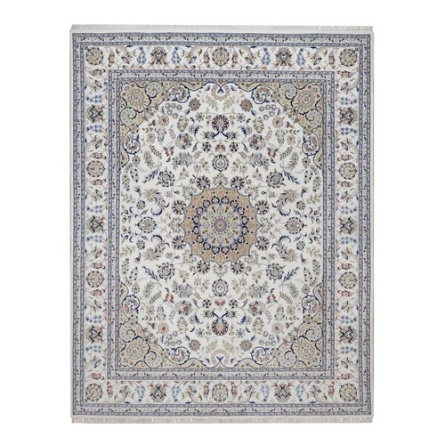 Pearl White, Nain with Flower Medallion Design, Wool and Silk, Hand Knotted, 250 KPSI, Soft Pile, Oriental 