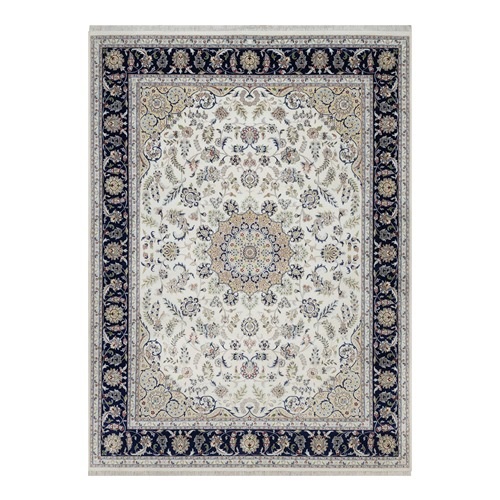 Pearl White, Nain with Flower Medallion Design, Wool and Silk, 250 KPSI, Hand Knotted, Soft Pile, Oriental 