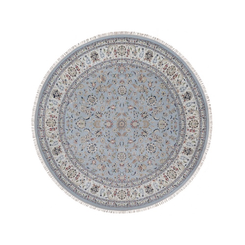 Light Blue, Hand Knotted, Nain with All Over Flower Design, Soft Pile, Wool and Silk, 250 KPSI, Round, Oriental Rug