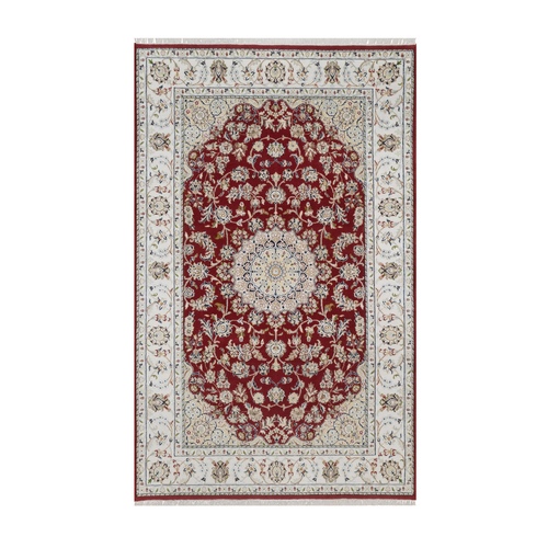 Rhubarb Red, Nain with Flower Medallion Design, Hand Knotted, 250 KPSI, Wool and Silk, Soft Pile, Oriental 