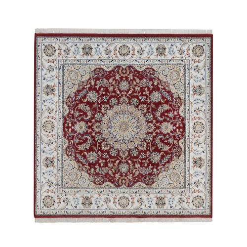 Rhubarb Red, Nain with Flower Medallion Design, Hand Knotted, Wool and Silk, 250 KPSI, Soft Pile, Square, Oriental 