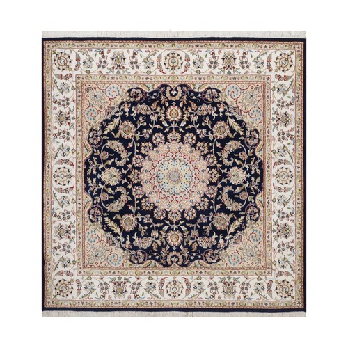 Midnight Blue, Nain with Flower Medallion Design, Hand Knotted, Soft Pile, 250 KPSI, Wool and Silk, Square, Oriental 
