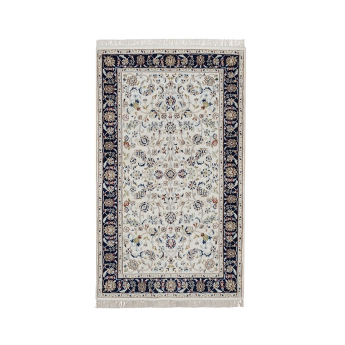 Pearl White, Nain with All Over Floral Pattern, Hand Knotted, 250 KPSI, Soft Pile, Wool and Silk, Oriental Rug