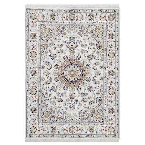 Pearl White, Hand Knotted, Nain with Flower Medallion Design, Wool and Silk, 250 KPSI, Soft Pile, Oriental 