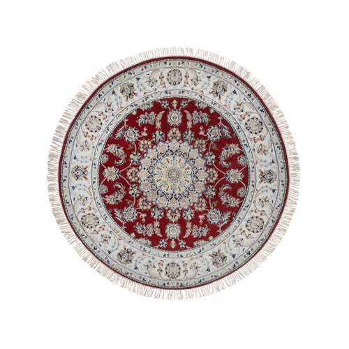 Rhubarb Red, Nain with Flower Medallion Design, Hand Knotted, 250 KPSI, Wool and Silk, Soft Pile, Round, Oriental 