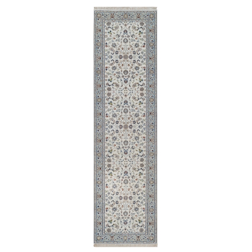 Pearl White, Nain with All Over Floral Pattern, 250 KPSI, Hand Knotted, Soft Pile, Wool and Silk, Runner, Oriental 