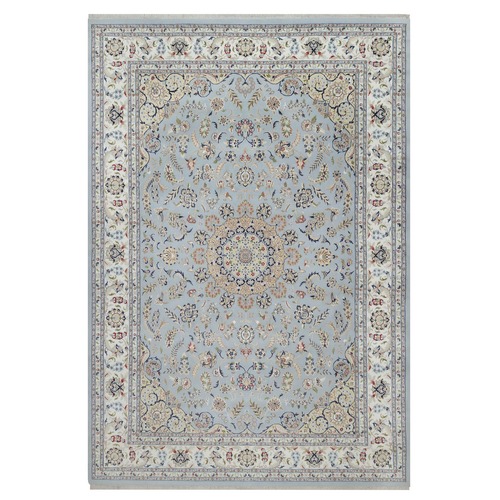Light Blue, Wool and Silk, Nain with Flower Medallion Design, Hand Knotted, Soft Pile, 250 KPSI, Oriental 