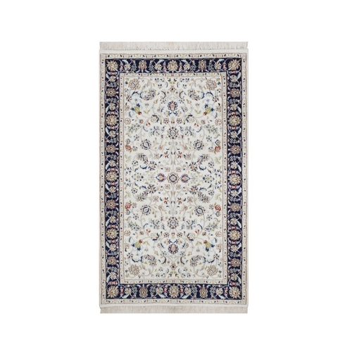 Pearl White, Nain with All Over Flower Design, Hand Knotted, 250 KPSI, Soft Pile, Wool and Silk, Oriental Rug