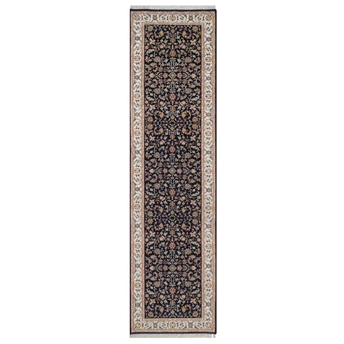 Midnight Blue, Nain with All Over Flower Design, Soft Pile, Hand Knotted, Wool and Silk, 250 KPSI, Runner, Oriental 