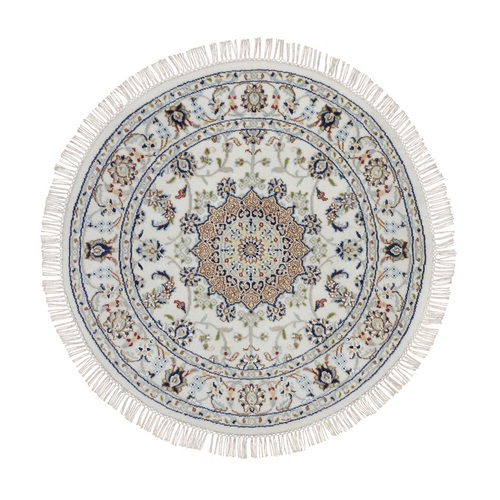 Pearl White, Wool and Silk, Nain with Flower Medallion Design, Hand Knotted, 250 KPSI, Soft Pile, Round, Oriental 