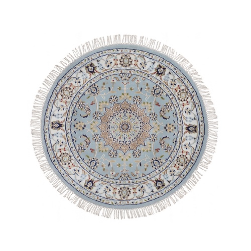 Light Blue, Nain with Flower Medallion Design, Wool and Silk, Hand Knotted, Soft Pile, 250 KPSI, Round, Oriental 