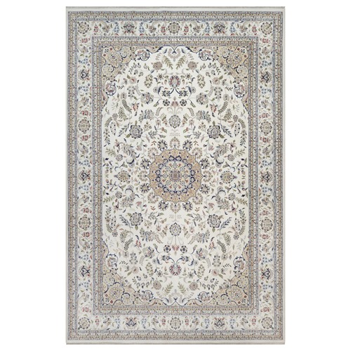 Pearl White, Nain with Flower Medallion Design, Wool and Silk, Hand Knotted, 250 KPSI, Soft Pile, XL, Oversized, Oriental 