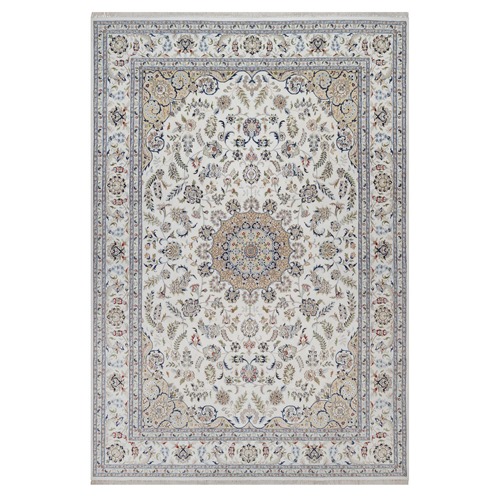 Pearl White, Nain with Flower Medallion Design, Wool and Silk, Hand Knotted, 250 KPSI, Soft Pile, Oriental 