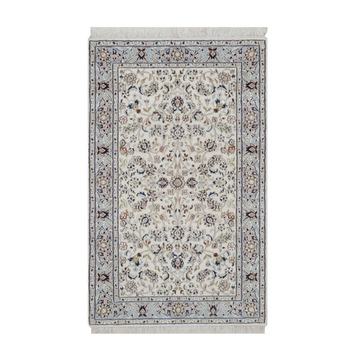 Pearl White, Hand Knotted, Nain with All Over Flower Design, 250 KPSI, Soft Pile, Wool and Silk, Oriental 