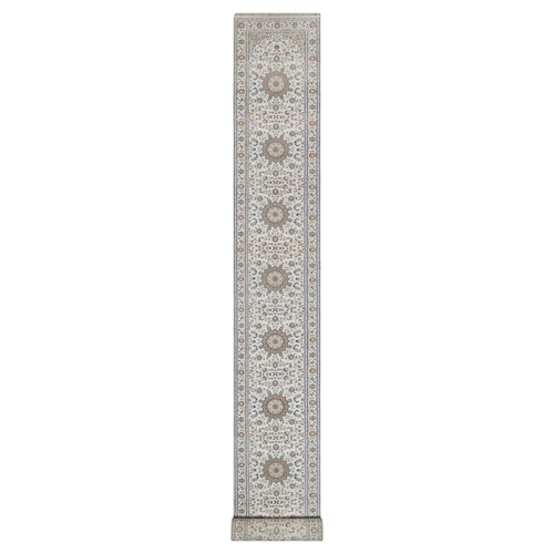 Pearl White, Hand Knotted, Nain with Flower Medallions Design, Wool and Silk, 250 KPSI, Soft Pile, XL Runner, Oriental 