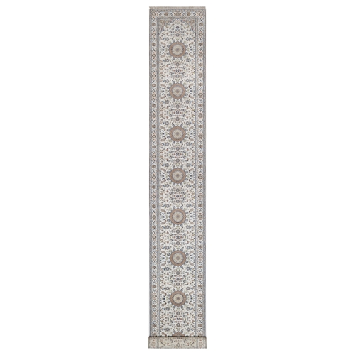 Pearl White, Nain with Flower Medallions Design, Hand Knotted, Wool and Silk, 250 KPSI, Soft Pile, XL Runner, Oriental 