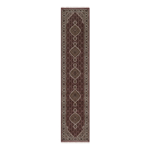 Rhubarb Red, Hand Knotted, Tabriz Mahi with Fish Medallions Design, 100% Wool, 175 KPSI, Runner, Oriental 